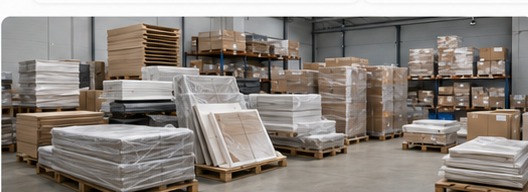 Small logistics warehouse with disassembled furniture stored on pallets